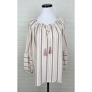 NWT Mystree Striped Tassel Tie Neck Boho Long Sleeve Blouse Top Size Medium